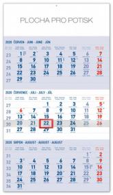 Kalendář nástěnný 2020 - 3měsíční standard modrý – s českými jmény, 29,5 × 43 cm